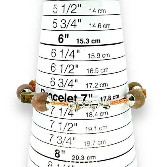 Beaded Bracelet Unakite & Wood Beaded in Sterling Silver Spring Ring Clasp - Picture 5 of 5